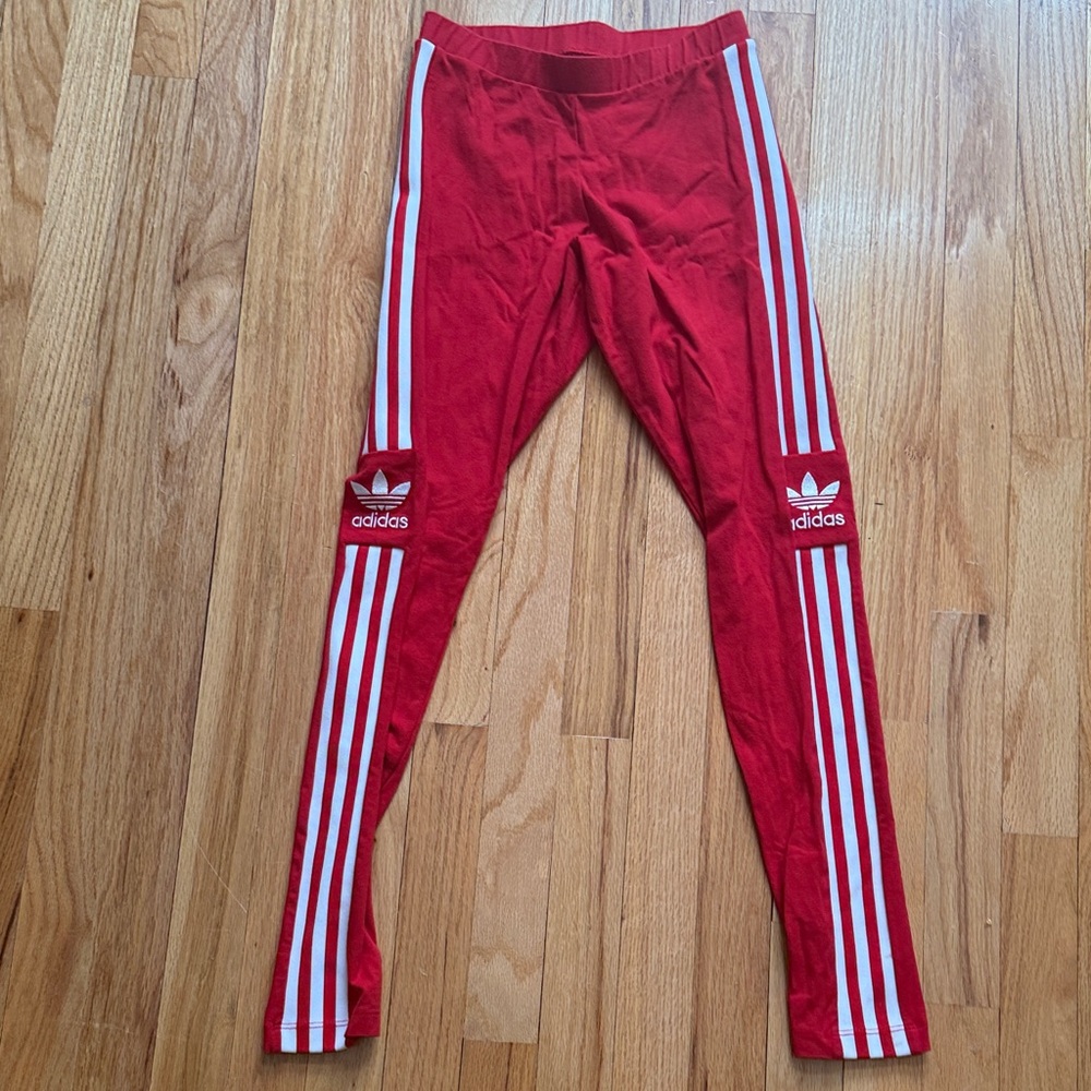 Adidas Red and White Side Striped Leggings